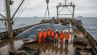 Giant Shark Hauled Onto a Fishing Vessel &mdash; Inside a Commercial Fishing Operation at Sea