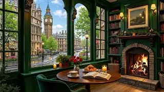 Cozy Spring Coffee Ambience 🌸 Relaxing Jazz Piano & Fireplace Sounds for Study & Work