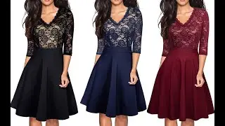 Chic V-Neck Lace Flare Dress: Elegant Party Style - HOMEYEE A062