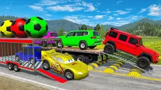 Flatbed Trailer McQueen Transportation with Truck - Speedbumps vs Cars vs Train - BeamNG.Drive #7