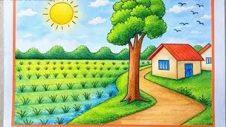 Village Scenery Drawing with Colours | Easy Nature Drawing for Beginners