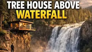 Building a Modern Tree House on a High Cliff Above a Waterfall | Cinematic ASMR (No Talking)