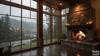 Peaceful Winter Cabin Ambience with Gentle Rainfall and Fireplace Crackles for resting