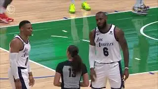 Russell Westbrook et LeBron James crient &agrave; l'arbitre f&eacute;minin apr&egrave;s une faute technique de Westbrook.