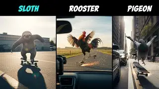 Some animals and birds are showing people playing with skateboards