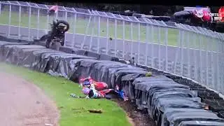 BIG Crash Oulton Park Superstock. Bike over the fence! 