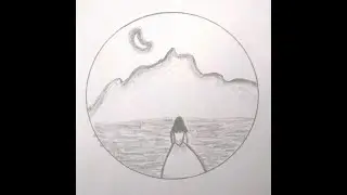 Easy Pencil Sketch Night Landscape Girl In Gown Watching The Moon | Beginner Art Mountain Lake