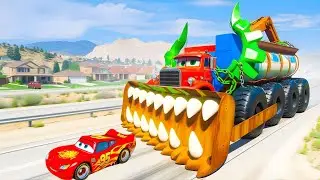 Giant CRANE SQUEEZER McQueen Truck Eater VS Cars Lightning McQueen Escape Monster Beamng Drive
