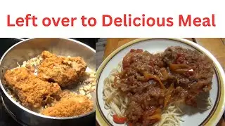 Left over fried chicken can make into delicious chicken cacciatore with spaghetti noodles