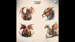 Steampunk Dragon Watercolor Clipart Mega Pack - 220 PNG Printable Cliparts with Transparent