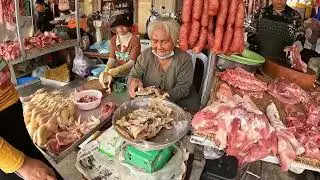 Cambodian Fresh Market Food - Routine Food & Daily People Activities at Chba Ampov Morning Market 