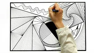4K Drawing abstract rectangle with black and white pattern with circles and lines inside