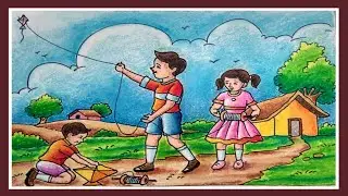 How to draw & colour scenery of kite flying/kite flying by kids/Makar Sankranti /पतंग उडवणारी मुले