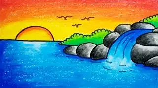 How To Draw Waterfall Scenery Easy With Oil Pastels |Drawing Easy Scenery