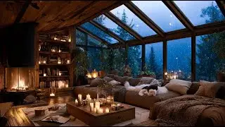 Crackling Fireplace & Rain Sounds in Cozy Cabin | Candlelit Ambience for Deep Sleep