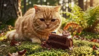 Orange  cat eating chocolate cake 