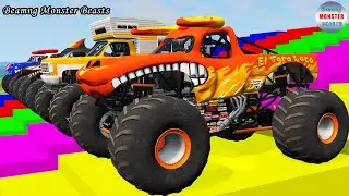 Monster Truck Transport on Triple Flatbed Trailer &ndash; BeamNG Monster Beasts #219