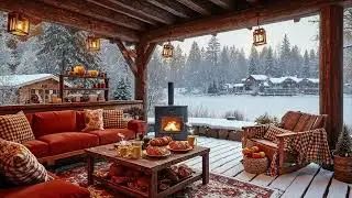 Winter Jazz Porch Ambience ❄️ Cozy Fireplace, Snowy Lake View & Smooth Jazz Music