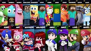 Sonic vs Mario vs Bluey vs SpongeBob vs Girlfriend vs Amy vs Roblox vs Minecraft | Super Smash Bros