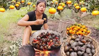 Snails curry delicious and Wild oranges Delicious food in jungle - Survival cooking