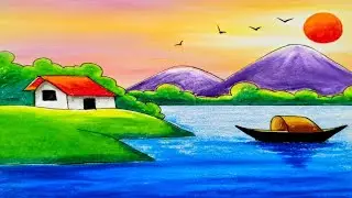 riverside sunset village scene drawing easy/sunset scenery drawing/village drawing/গ্রামের দৃশ্য