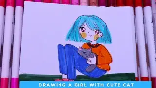 how to draw a girl with a cat step by step