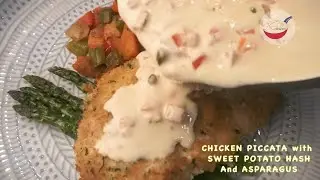 Chicken Piccata with Sweet Potato Hash and Asparagus