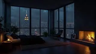 Soft Urban Rain in New York City⛈️Cozy Bedroom Sleep Ambience & Fireplace, Rain Sounds For Sleeping