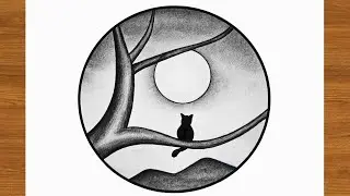 How to Beautiful moon night cat Drawing / Easy drawing / Very easy cat drawing |