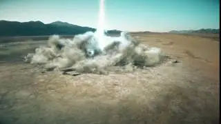 ground beam destruction with swirling dust.