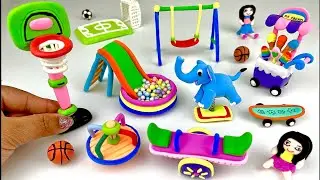 DIY How to make miniature polymer clay playground set with swing, slide, basketball, Ice Cream Cart