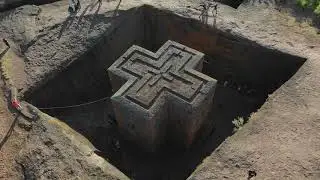 4K Aerial view of the rock-cut church of Saint George, Amhara Region, Lalibela, Ethiopia