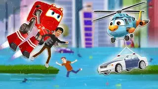 Supercar Rikki and Fire Truck Saves the City from the Major Rain Disaster and water Logging!