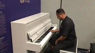 Kris Nicholson test drives the gray Seiler GS-112 silent piano at Namm 2020