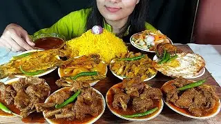 Eating Champaran Chicken Masala+Pabda FishBuna+Chapila Fish Buna+EggFry+Kumro FishFry&Basonti Pullaw