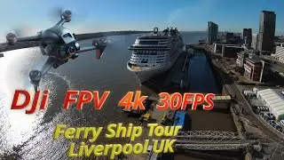 DJi FPV Drone's Action Camera over Ferry Ship at Liverpool City of Great Britain. 4k 60fps to 30fps