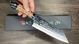 Takeshi Saji SRS13 Damascus Bunka Knife 180mm Bottle-Green Stabilized Hybrid Resin Handle
