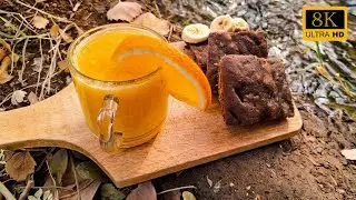 Cozy Autumn Evening by the River 🍁🔥 Iranian Woman Baking Banana Chocolate Cake & Fresh Orange Juice