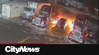 Caught on camera: Tow trucks set on fire in Brampton truck yard