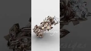 Nature Inspired Rose Gold Wedding Ring, Leaf & Vine Bridal Set ADLR20S