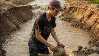 Flood relief: How farmers manually build embankments around their rice fields.