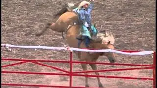 Bronco Falls on Bull Riding Cowboy at Rodeo in Denver