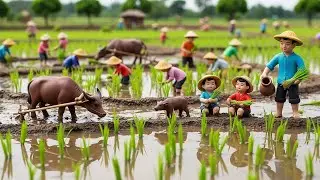 Tiny Clay Farmer Leads Buffalo Through Mud &ndash; Realistic Mini Rice Field Crafting