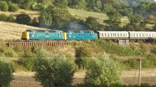 Deltics 55009 and 55019 at GWSR Deltic Running Day crossing Gotherington Bank