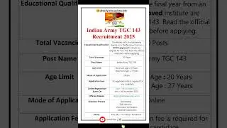 Indian Army TGC 143 Recruitment 2025 | New Vacancy 2025 | dailyJobs updates #shorts #army