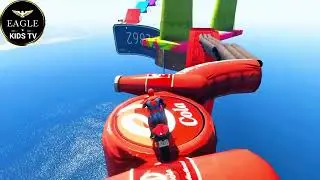 SPIDER MAN Takes on Spiral Bridge Stunt Ride on Motorcycle || Eagle Kids TV
