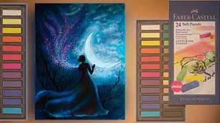 Girl in Moonlight Scenery Painting with Oil Pastel and Acrylic/ how to draw a sad girl sitting alone