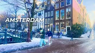 Amsterdam Ice Winter POV Walk, Morning Walking in Amsterdam Center in 4K no talking