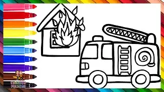 Draw and Color a Fire Truck and a House on Fire 🚒👨🏻&zwj;🚒🔥🏠🌈 Drawings for Kids