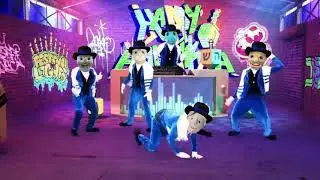 The whole Mensch on a Bench mishpacha dances in ElfYourself's Hanukkah dance off
